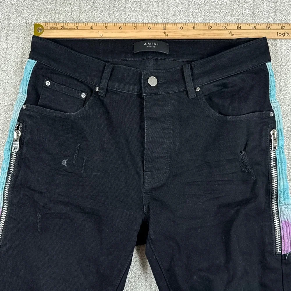 Amiri Mens 32x30 Black Distressed Side Stripe Zip Skinny Denim Jeans Made USA